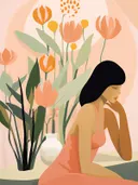 Illustratie van een peinzende vrouw met kort zwart haar tussen oranje tulpen.