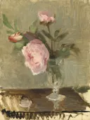 Peonies van Berthe Morisot: bloemen met pioenrozen, vaas, roze bloemen en tafel, in roze en olijfgroen