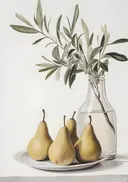 Stilleven schilderij met peren en een olijftak in een fles
