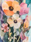Papiercollage van perzikkleurige en roze anemoon bloemen