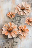 Getextureerd schilderij van perzikkleurige cosmosbloemen met reliëf-effect op crème achtergrond