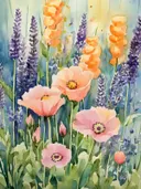 Aquarel van perzikkleurige papavers en paarse lavendel op een blauwgroene achtergrond