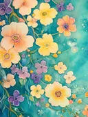 Aquarel met perzikkleurige en paarse bloemen aan slingerende takken tegen een turquoise achtergrond