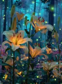 Schilderij van perzikkleurige lelies in een turquoise toverbos met vlinders