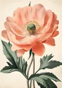 Botanische illustratie van een perzikkleurige pioenroos