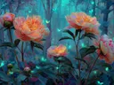 Schilderij van perzikkleurige pioenrozen met vlinders in een toverbos