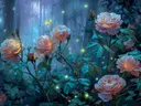 Schilderij van perzikkleurige rozen met gele vlinders in een schemerig bos