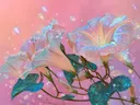 Schilderij van perzikkleurige windebloemen met zeepbellen