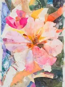 Papiercollage van een grote perzikroze en felroze bloem