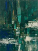 Abstract schilderij met het paletmes in petrol en kobalt