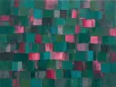 Abstract schilderij met het paletmes in petrol en magenta