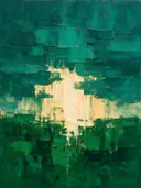 Petrol en smaragd gestapeld, abstract schilderij met het paletmes