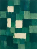 Petrol en smaragd in twintig vakken, abstract schilderij met het paletmes