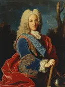 Philip V, King of Spain van Jean Ranc: portret met koning, pruik, rode mantel en blauw kostuum, in blauw en rood
