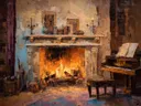 Schilderij van een piano naast een open haard