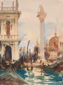 Piazzetta, No. 2 SN00666431 004 1 001 van John Singer Sargent: stad met Venetië, gondels, zuil en water, in licht oker en blauw