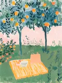 Picknick in de boomgaard schilderij, picknickkleed onder sinaasappelbomen