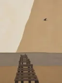 Schilderij van pier in het water in camel en ivoor