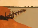 Schilderij van pier in het water in terracotta en zand, in vlakke kleurvlakken