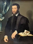 Pierre Quthe, Apothecary van François Clouet: portret met man, boek, groen gordijn en baard, in donkergroen en zwart
