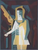 Pierrot van Juan Gris: portret met pierrot, gitaar, kubisme en figuur, in geel, blauw en wit