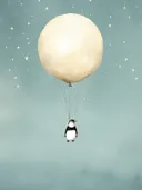 Illustratie van een pinguïn die aan een maanvormige ballon hangt tussen sterren.