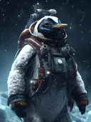 Pinguïn in ruimtepak tijdens sneeuwstorm