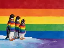 Schilderij van pinguïn in alle kleuren van de regenboog, in vlakke kleurvlakken