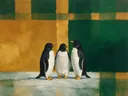 Schilderij van pinguïn in amber en flessengroen, in vlakke kleurvlakken