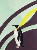 Schilderij van pinguïn in aubergine en mint, in vlakke kleurvlakken