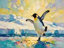 Pinguïn in beweging in de sneeuw, schilderij van pinguïn