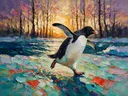 Pinguïn in beweging tussen de bomen, schilderij van pinguïn