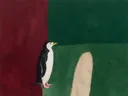 Schilderij van pinguïn in bordeaux en bosgroen, in vlakke kleurvlakken