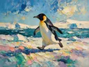 Pinguïn in diep beweging in de sneeuw, schilderij van pinguïn