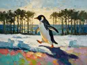 Pinguïn in diep beweging tussen de bomen, schilderij van pinguïn