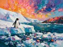 Pinguin in diep het landschap in een bloementuin, schilderij