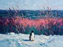 Pinguïn in diep het landschap tussen de grassen, schilderij van pinguïn