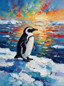 Pinguïn in diep pose aan het water, schilderij van pinguïn