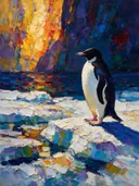Pinguïn in diep pose tegen een muur in de schaduw, schilderij van pinguïn