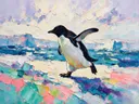 Pinguïn in donker beweging in de sneeuw, schilderij van pinguïn