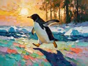 Pinguïn in donker beweging tussen de bomen, schilderij van pinguïn
