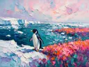 Pinguïn in donker het landschap in een bloementuin, schilderij van pinguïn