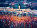 Pinguïn in donker het landschap tussen de grassen, schilderij van pinguïn