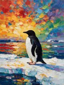 Pinguïn in donker pose aan het water, schilderij van pinguïn