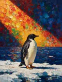 Pinguïn in donker pose tegen een muur in de schaduw, schilderij van pinguïn