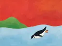 Schilderij van pinguïn in hemelblauw en klaproosrood, in vlakke kleurvlakken
