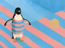 Schilderij van pinguïn in hemelsblauw en zalm, in vlakke kleurvlakken