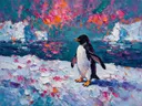 Pinguïn in het landschap in een bloementuin, schilderij van pinguïn