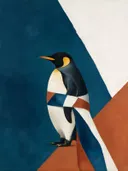 Schilderij van pinguïn in kalkwit en zeeblauw, in vlakke kleurvlakken