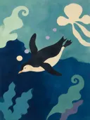 Schilderij van pinguïn in koele kleuren bij elkaar, in vlakke kleurvlakken